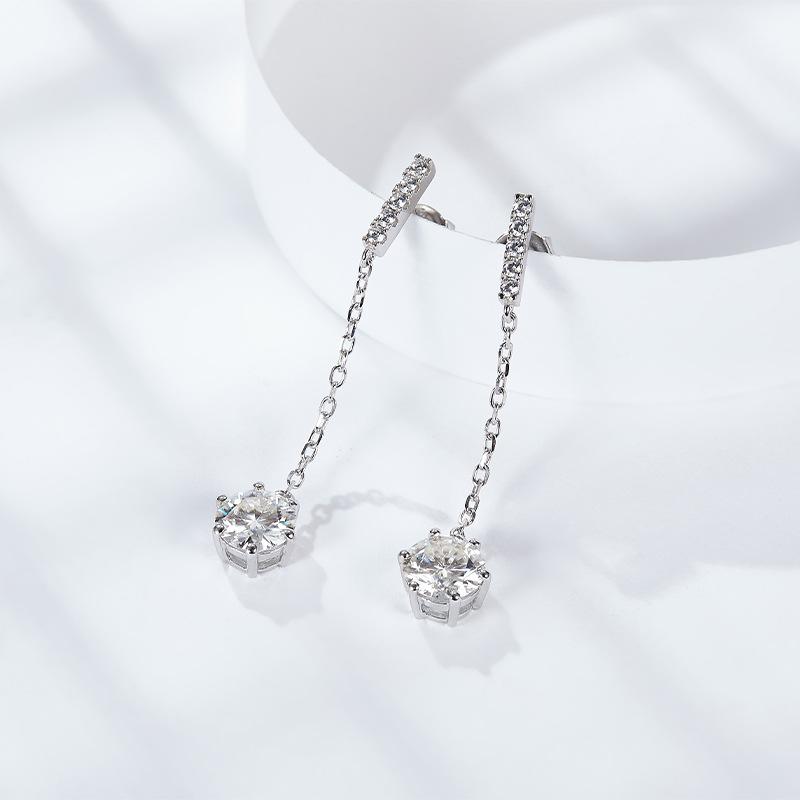Hot Selling High-grade 6 Prong Set 1ct VVS GRA Moissanite Jewelry Round Cut Silver 925 Tassel Dangler Earrings With Cross Chain