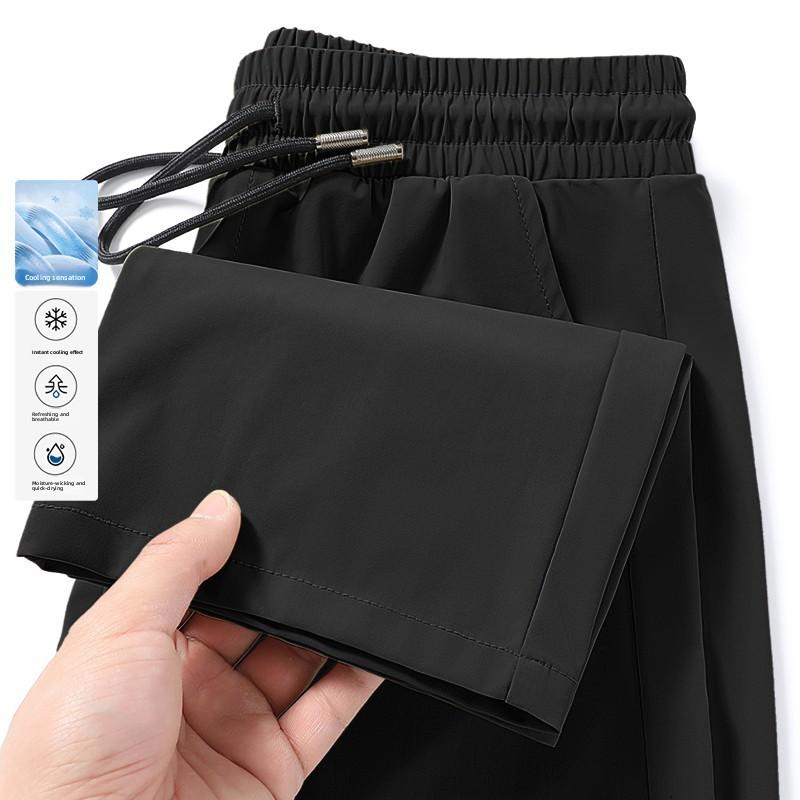 Мужские летние тонкие дышащие свободные брюки из ледяного шелка с манжетами, быстросохнущие, повседневные, для молодежи, активный стиль, базовые цвета