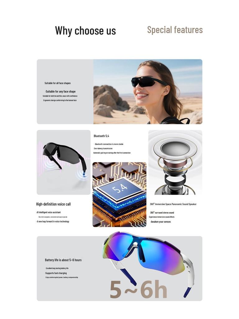 Bluetooth-очки для езды на велосипеде QY-pro03: Умные очки для спорта на открытом воздухе с защитой от УФ-излучения и функциями музыки/звонков