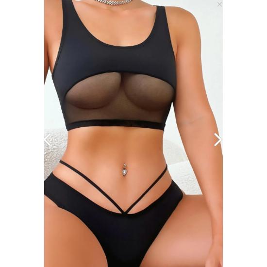Women's Black Cross Rope Detailed Stylish Bikini Set