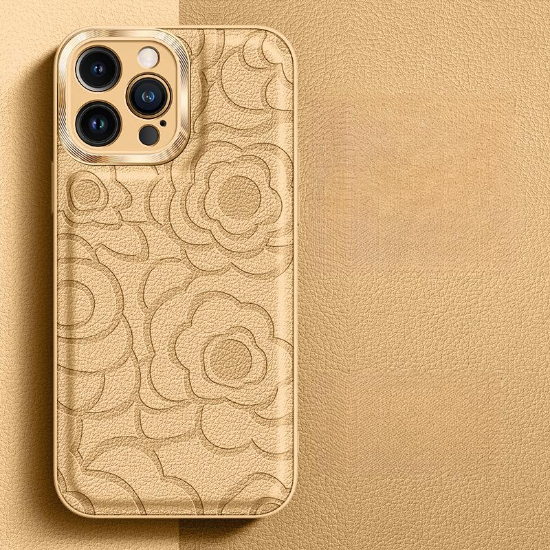 Advanced Sense Applicable To IPhone16ProMax Mobile Phone Case Camellia Leather Pattern Apple 15 Hardware Ring Protective Case 13