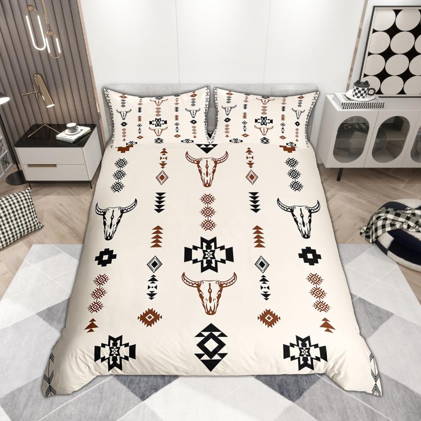 Homewish Bohemian Aztec Duvet Cover Set 2pcs/3pcs, Rustic Cow Skull Bedding, Retro Farmhouse Lodge Cabin Comforter Cover Set