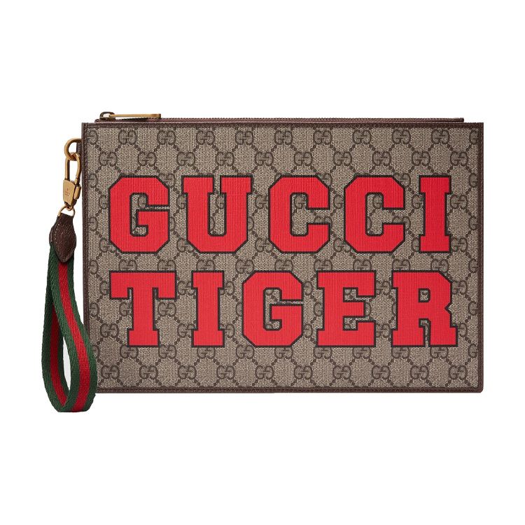 Gucci Monogram Logo Letter Print Striped Wristband Canvas And Leather Clutch Men clutch Ebony Brown 688378-US7DC-9395
