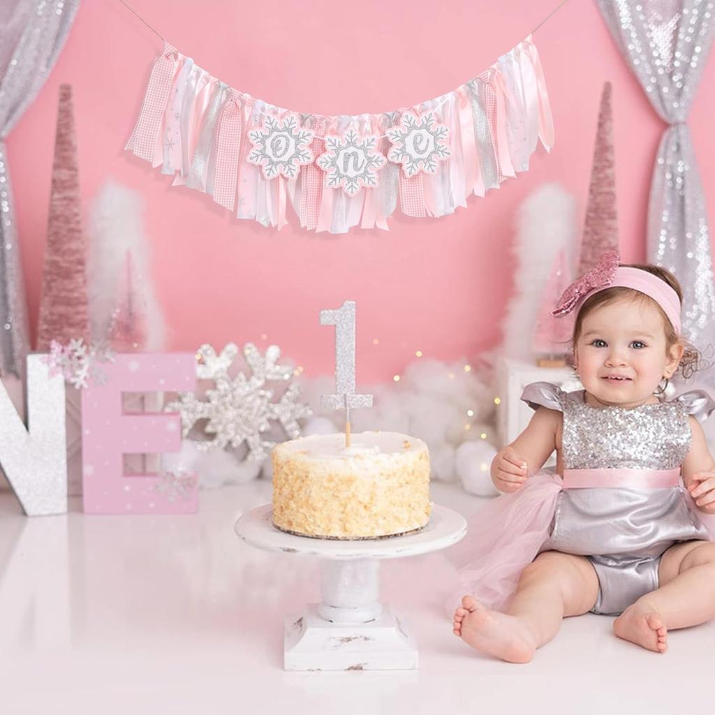 Pink Winter Onederland High Chair Banner – Winter Holiday 1st Birthday Decor, Pastel Pink and Silver Snowflake Highchair Tutu for Girl Cake Smash