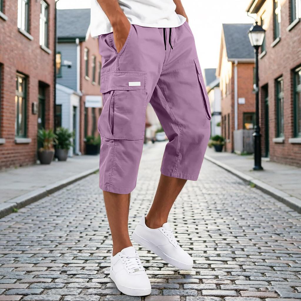 Men’s Drawstring Cargo Pants Multi Pocket Relaxed Fit Seven Quarter Length Casual Trousers for Daily Wear Outdoor Activities