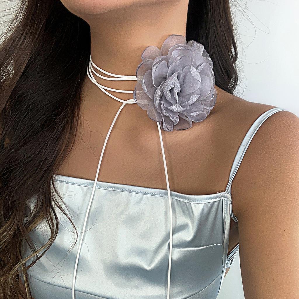 Stylish Retro French Big Flower Chocker Necklace Fringed Lace Tied Neck Chain Female