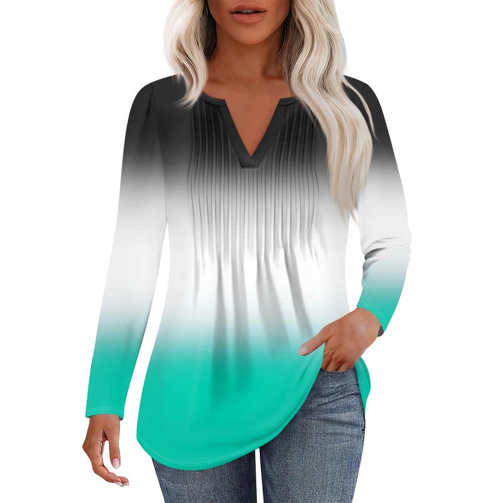 Женская Мода Повседневная Плиссированная Футболка с V-образным Вырезом Однотонная с Длинным Рукавом Элегантные Топы