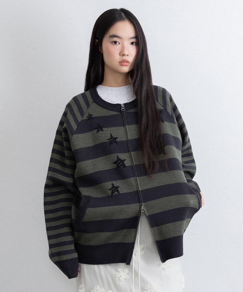 ISTKUNST Star Stripe Raglan Knit Zip Up_Charcoal(Ik2Ffmk685A)