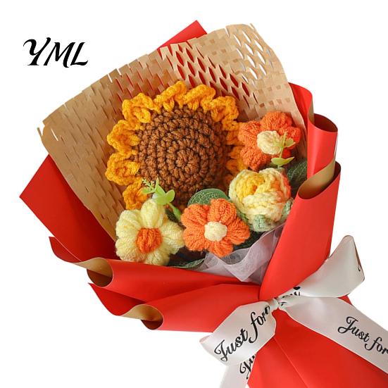 Floral Home Table Decor Hand Crocheted Yarn Flower Bouquet, Knitted Artificial Rose Sunflower, Handmade Decorative Ornament Crochet Flowers