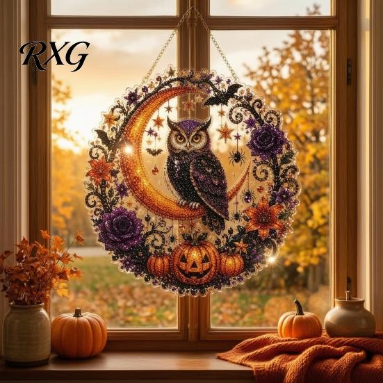 Fun Diamond Painting Activity Sets Halloween Ghost/Owl Art Hanging Ornament Kit, Indoor Holiday Decorative Accents Suncatcher, DIY Pendant Window