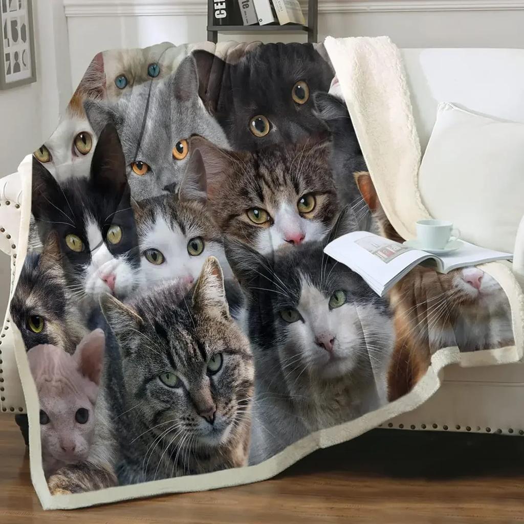 Grey and White Cats Blanket Plush Sherpa Flannel Throw Blanket for Couch Sofa Super Soft Blanket Bedroom TV Throw Blanket Full