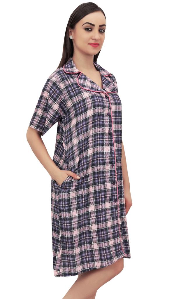 Bimba Check Print Baby Pink Women's Sleepshirt Button-up Shirt Dress Sleepwear -