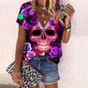 Women's Top Summer New Fashion Rose Flower Skull and Roses Printed Casual Zipper V-neck Short Sleeve Top