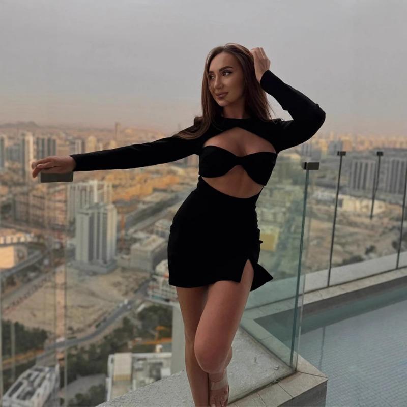 Осенне-зимняя женская мода сексуальное платье с круглым вырезом и длинными рукавами с разрезом Spice Girl