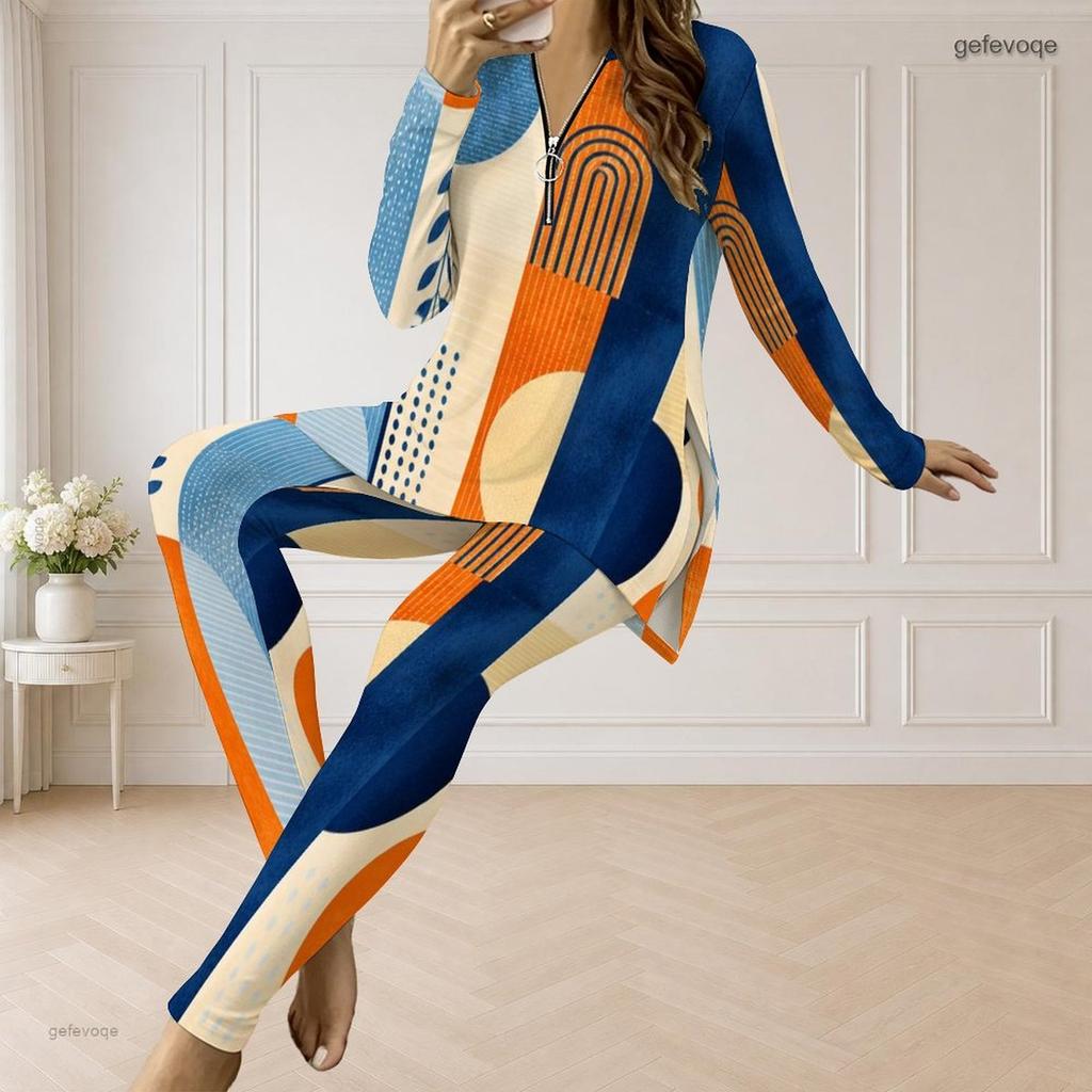 Women Plus Size Printed Two Piece Pants Set Half Zip Long Sleeve Longline Top And Fitted Pants