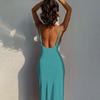 Women Sling Dress V-Neck Sleeveless Slim Fit Beach Dress Solid Color Glossy Surface Midi Dress Daily Wear