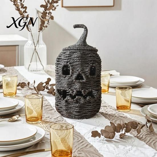 Handmade Fall Decor Handwoven Halloween Pumpkin Basket, Spooky Candy Storage Basket with Lid, Vintage Wicker LED Lantern for Light Up Candle