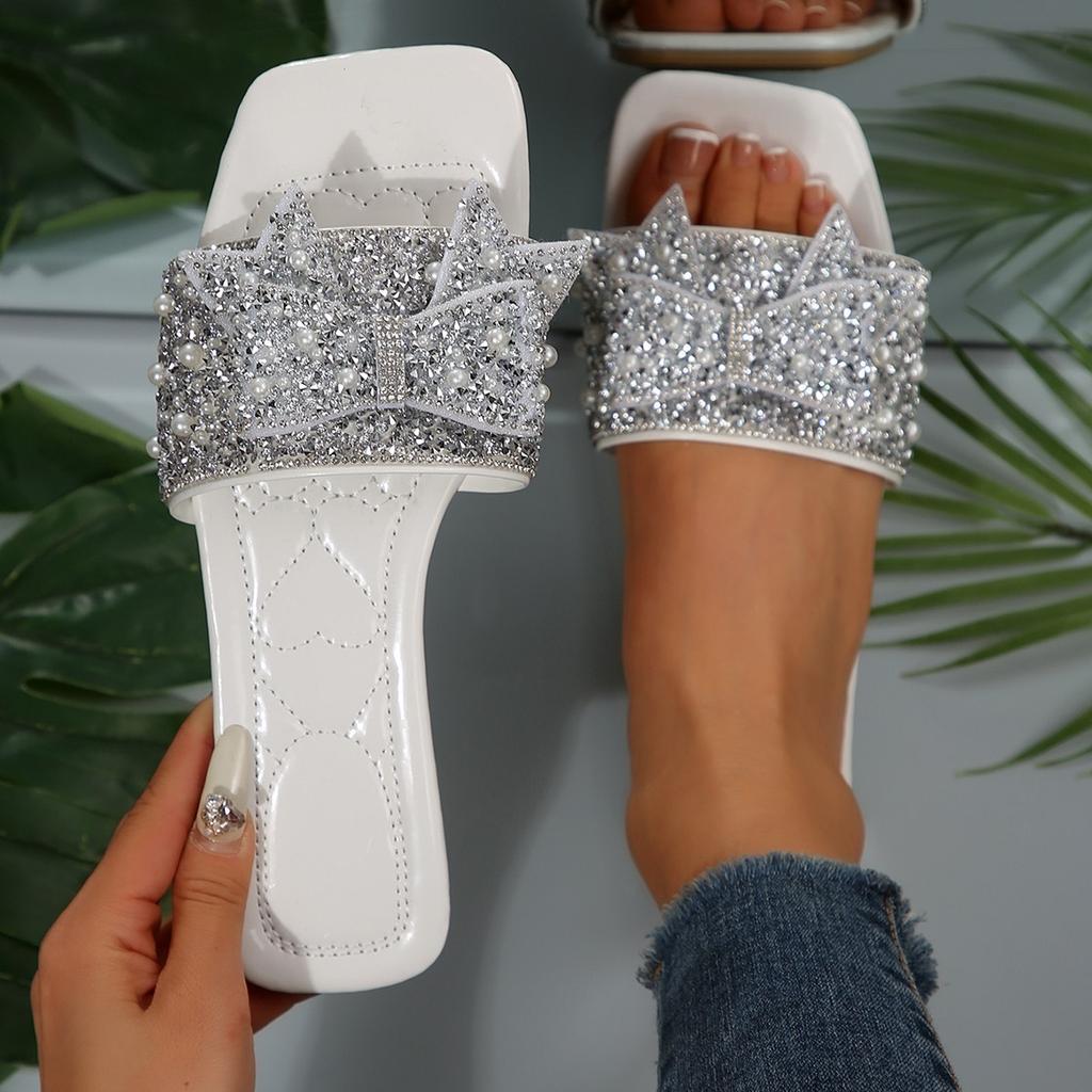 Летние модные шлепанцы с плоским дном и бантом, украшенные стразами