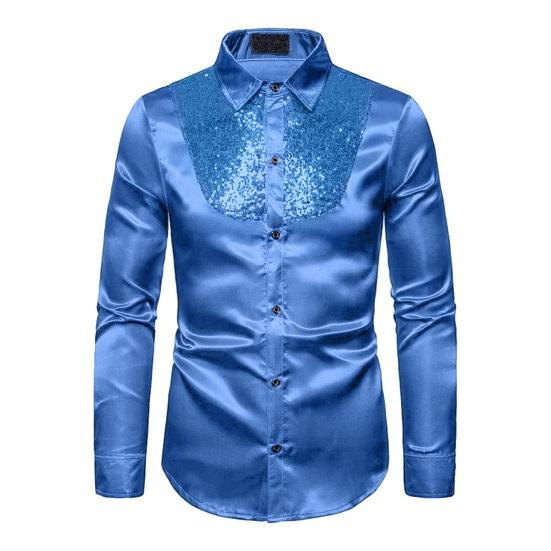 Мужская классическая рубашка с блестками, блестящая металлическая свадебная рубашка, рубашка на пуговицах с длинными рукавами и лацканами, однотонная приталенная рубашка, топы