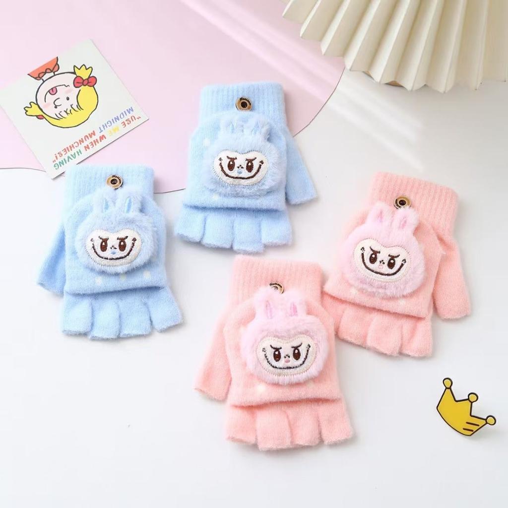Children's Princess-style Flip Cartoon Gloves, Winter Plush Five-fingered Warm Gloves