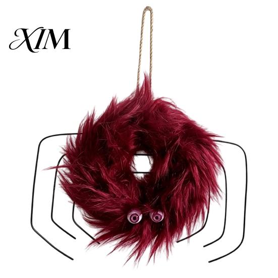Fireplace Fall Seasonal Wreaths Halloween Fluffy Wreath for Front Door, Cute Furry Spider Hanging Indoor Window Decor with Pom Poms Party Home