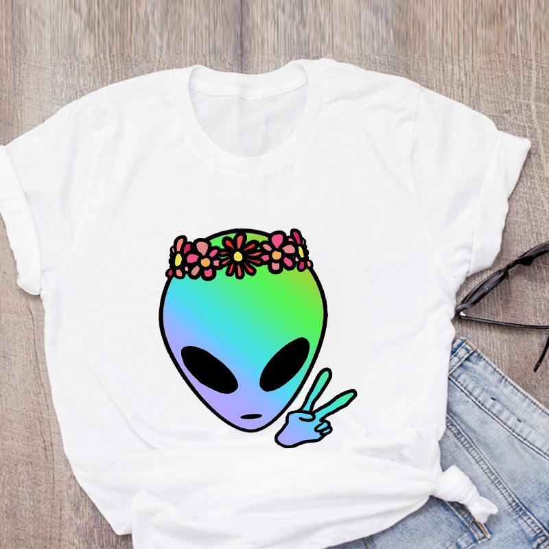 Футболка с принтом в виде мультяшного инопланетянина радужного цвета с коротким рукавом, женская одежда