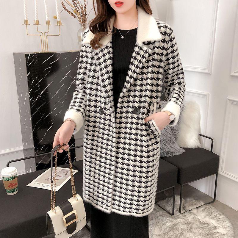 New Arrival High-end Women's Dark Mink Cashmere Overcoat with Thickening Design, Autumn and Winter Korean-style Fashionable Houndstooth Jacket