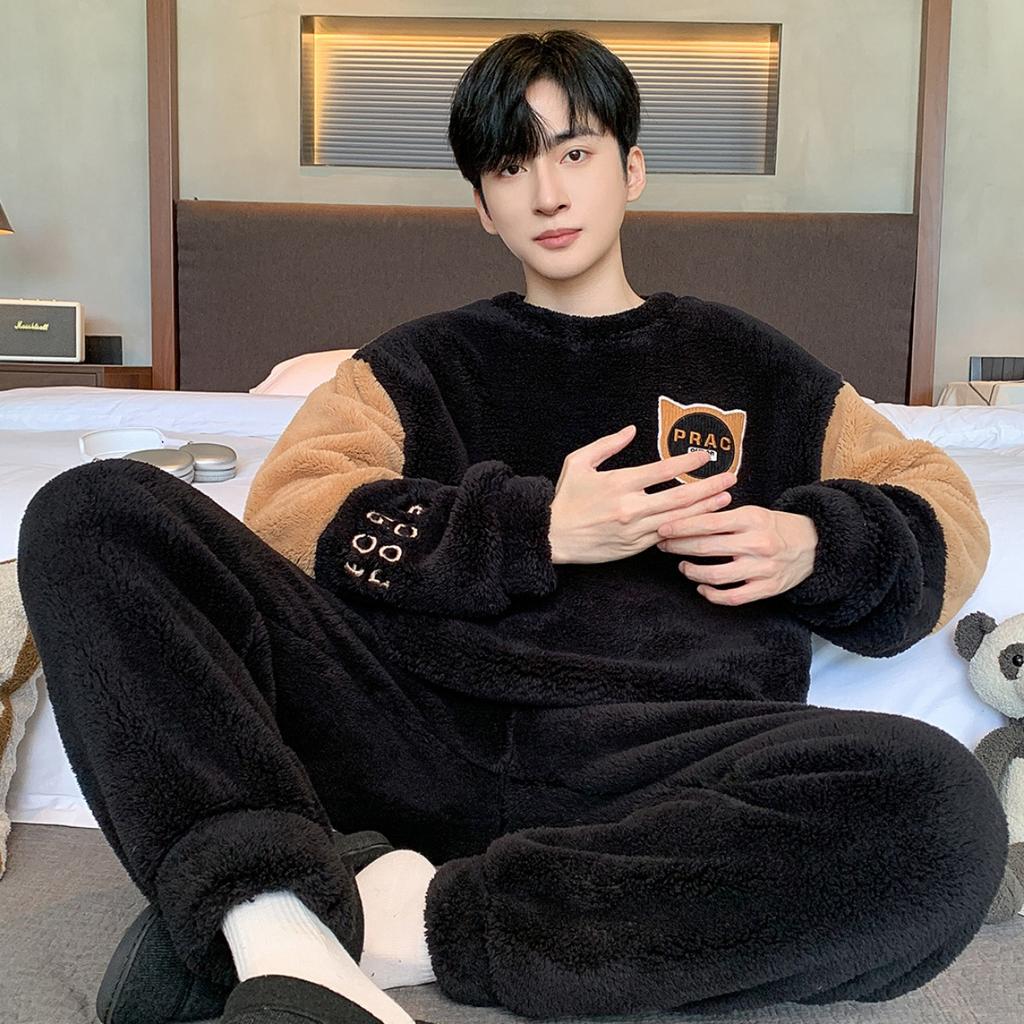 Зимняя одежда, коралловый флис, пижамы, мужская одежда, утепленный флис, круглый вырез, брюки с длинными рукавами, костюмы, домашняя одежда