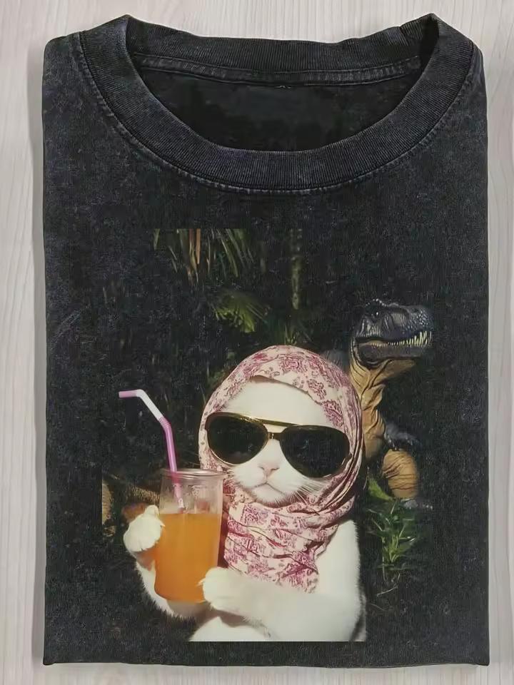 Unisex Washed Calm Cat Wax‑Printed Graphic Print Crew Neck Short Sleeve Retro Vintage High‑Quality Cotton Beach Daily Wear Tee