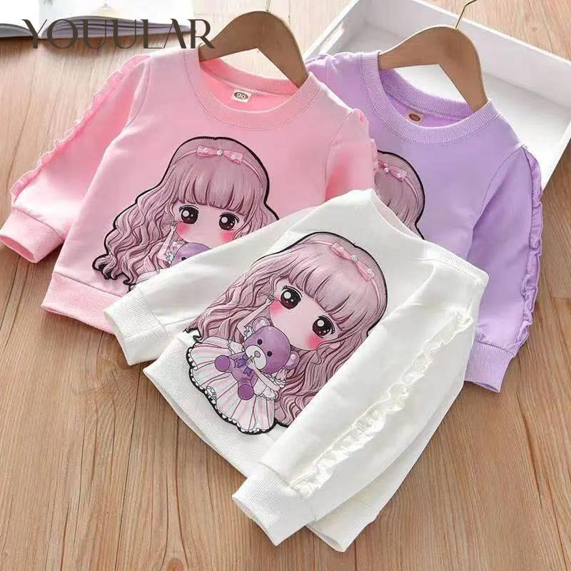 Весенне-осенняя рубашка для девочек, детская хлопковая футболка, свитер с круглым вырезом и длинными рукавами