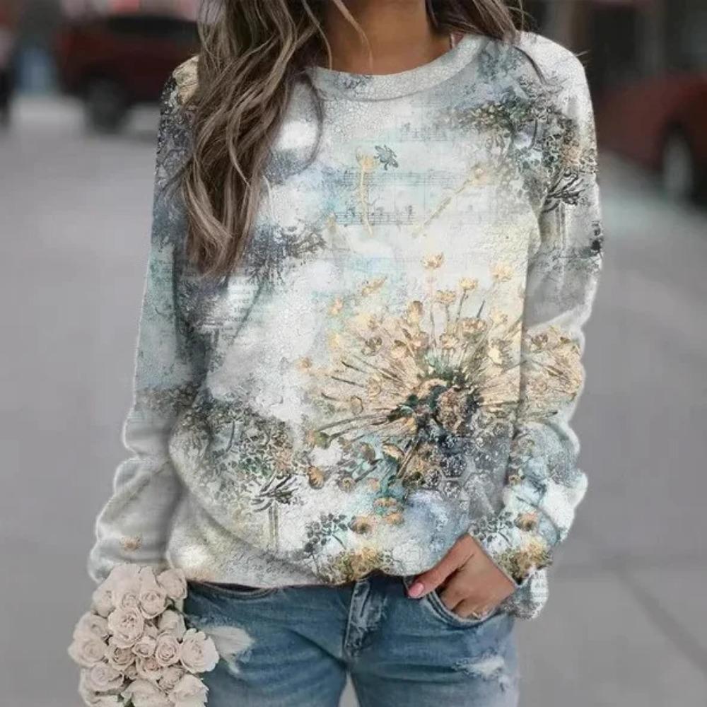 Casual Retro Long Sleeve Sweatshirt 3D Digital Print Round Neck Women's Fashion Polyester Fiber Full Length Cotton Blend