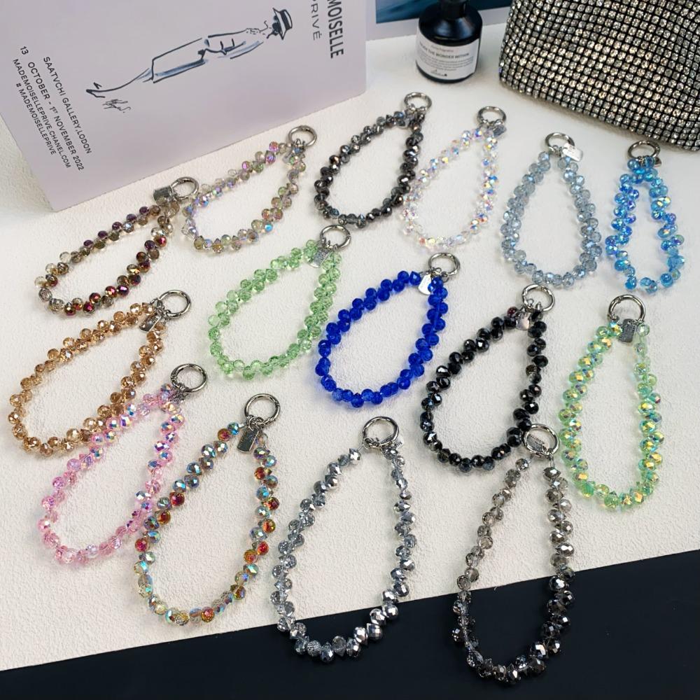 Glitter Crystal Bead Keychain Transparent Phone Lanyard Wrist Crystal Chain for Women Girls
