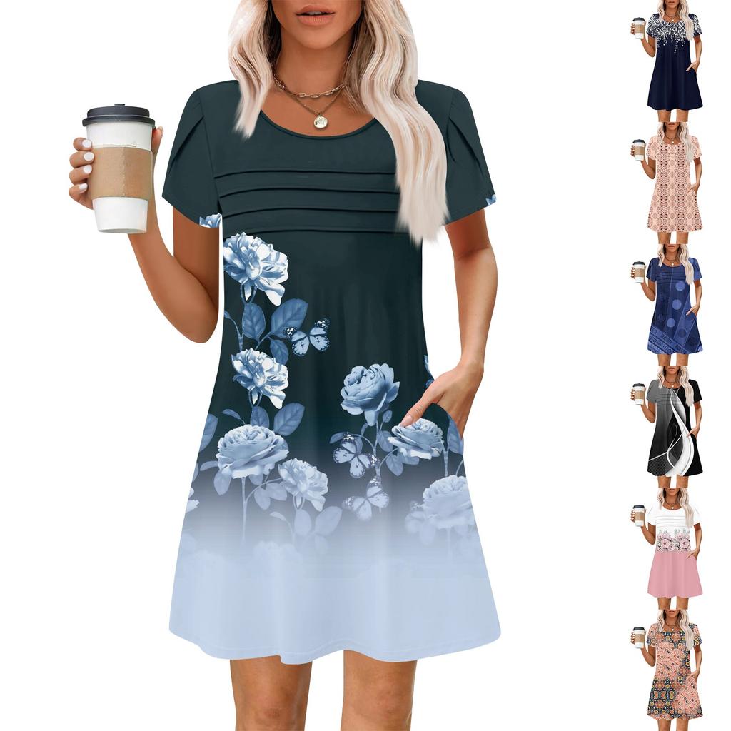 Women's Summer Casual Petal Slim Stripe Pleated Solid Color Dresses