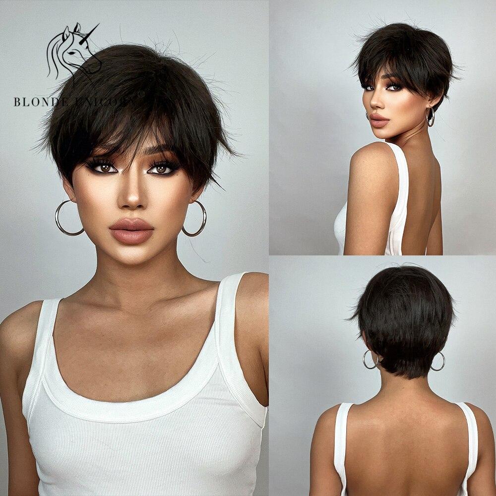 BLONDE UNICORN Парик Blcak, короткий парик боб, синтетические натуральные волосы с стрижкой пикси, парики для повседневного вечернего использования для женщин, термостойкое волокно