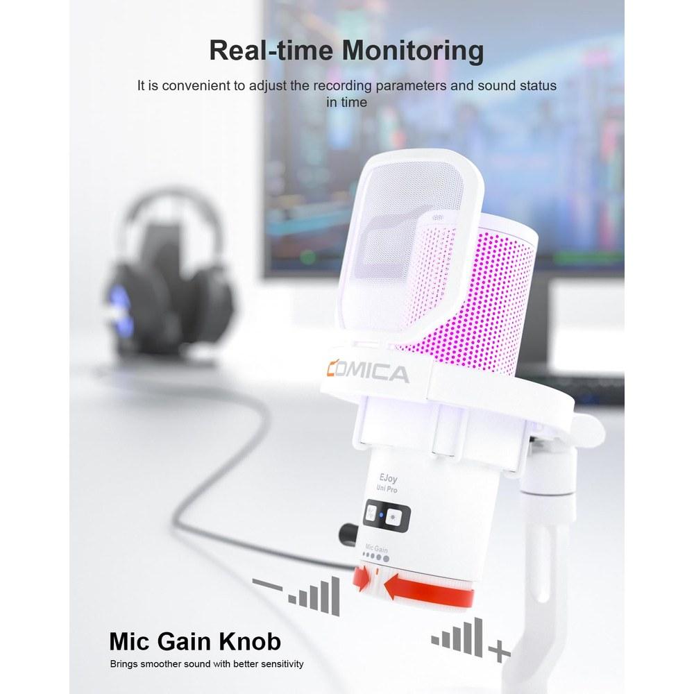 COMICA Uni Pro Wireless PC Condenser Microphone 2.4G 48kHz 24bit RGB Lighting Monitoring Desktop Stand White