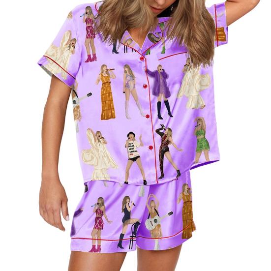 2 Pcs/Set Summer Pajama Set Country Music Singer Fans Sleepwear Satin Lapel Button-down Shirt Shorts Set Loose Elastic Waistband Shorts Pajama