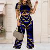 Women Plus Size Yellow Black Printed Round Neck Short Sleeve Crop Top Wide Leg Pants Two Piece Set