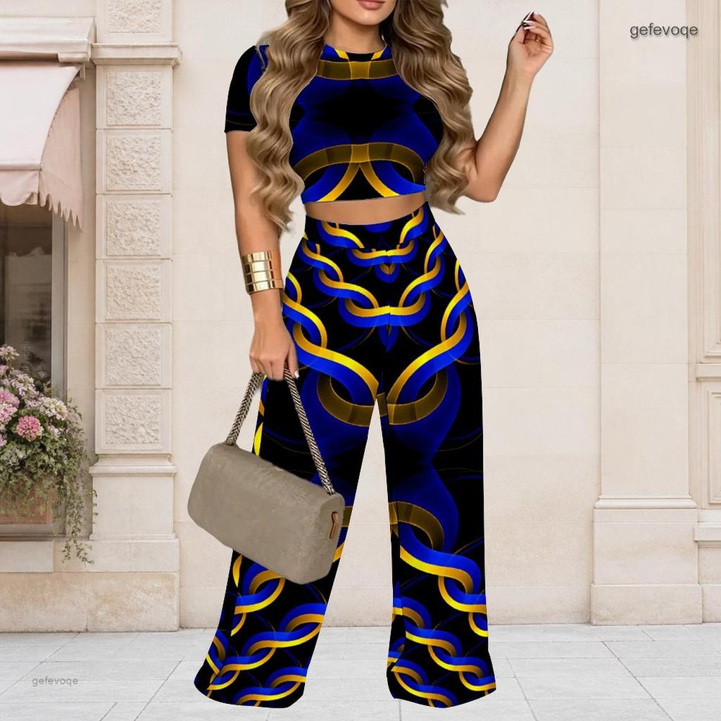 Women Plus Size Yellow Black Printed Round Neck Short Sleeve Crop Top Wide Leg Pants Two Piece Set