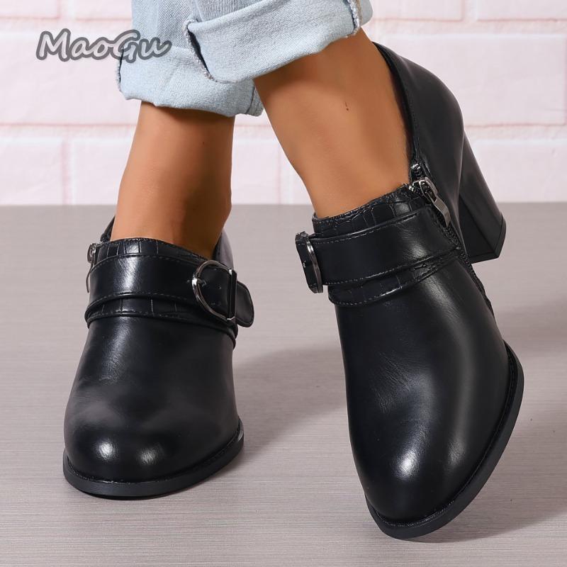 Fashion Women's Elegant Pumps Ladies Casual Chunky High Heels Round Toe Dress Shoes for Women Belt Buckle Shoes Zapatos De Mujer Size43