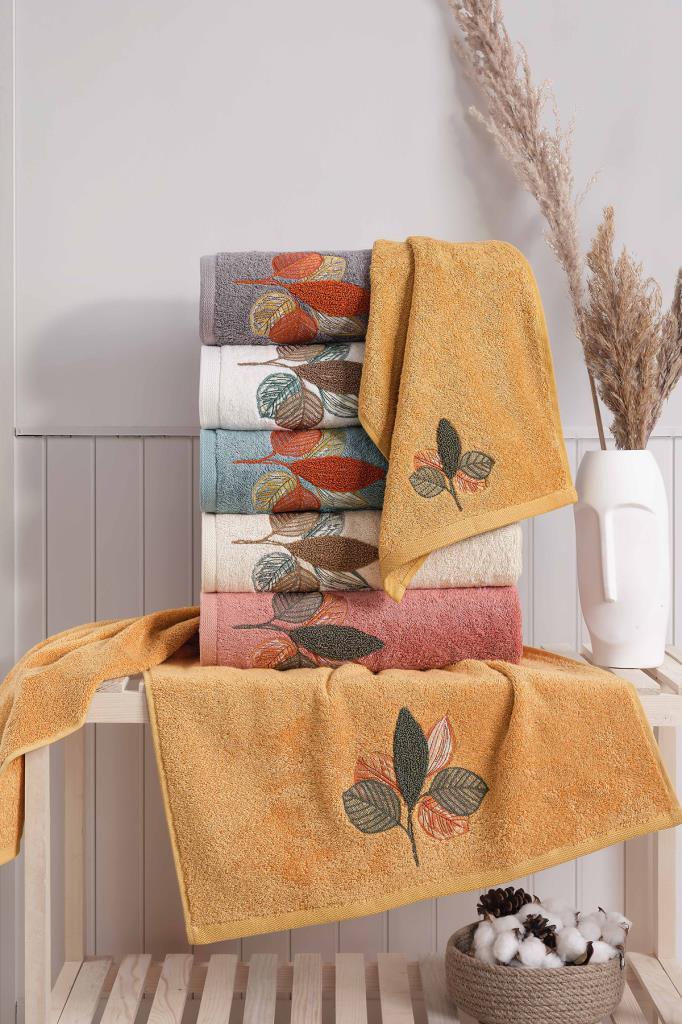 Leaf Embroidered 6 Pcs In Set Bamboo Hand and Face Towel 50x90 Cm
