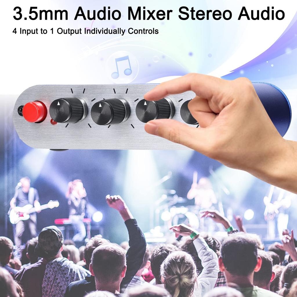 ERYUE 4 Input to 1 Output Stereo Audio Mixer with 4 Inputs and 1 Individually Controlled Sound Mixing Tool with Headphone Amplifier 3.5mm Output,
