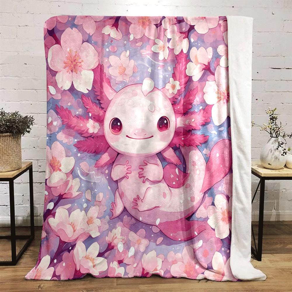 A cute pink axolotl surrounded by blooming cherry blossoms. for all seasons blanket lunch break throw gift