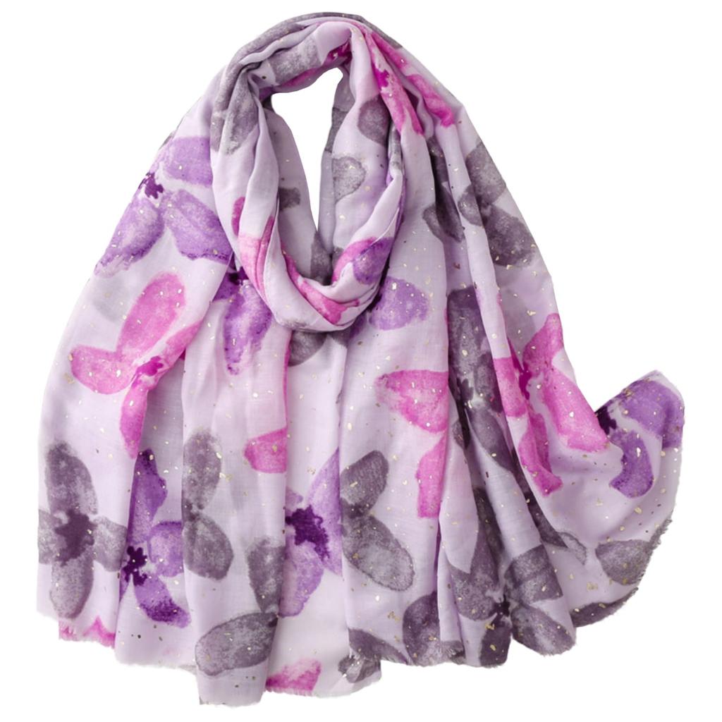 Purple and Pink Shawl with Flowers and Particles - Light and Feminine, 180x90