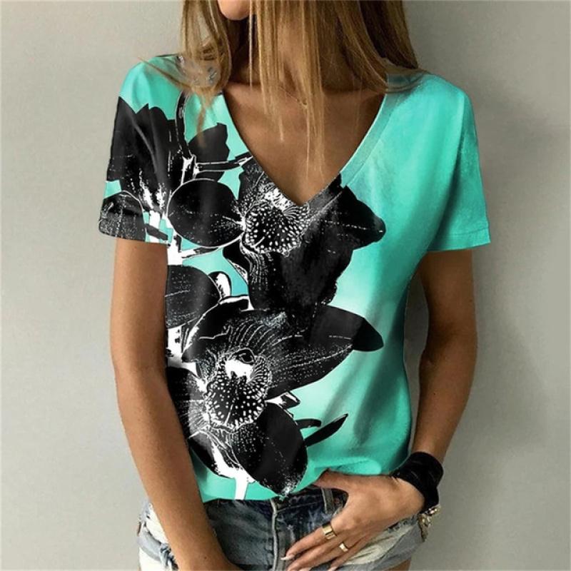 Versatile Sexy V-neck Women's T Shirt Flower 3D Print Summer Short Sleeve Fashion Street Harajuku Comfortable Ladies Tee Casual