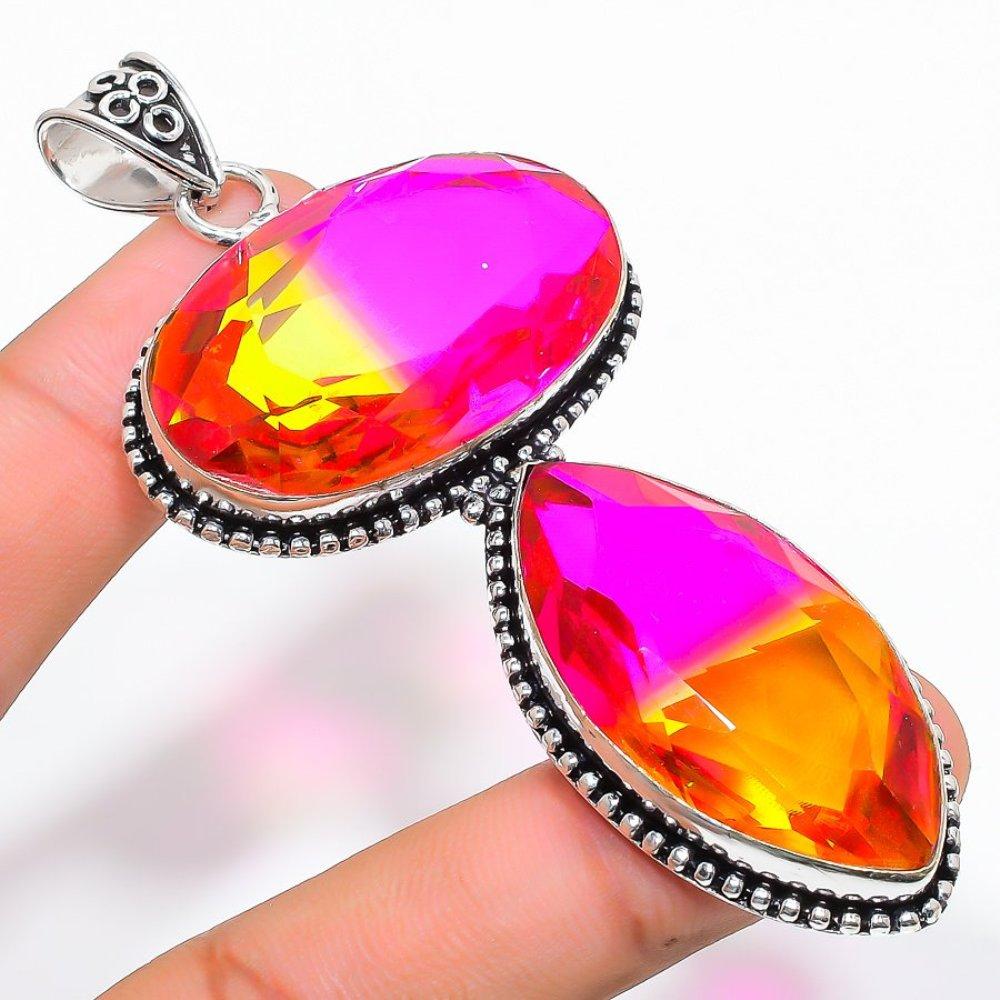 Bi-Color Tourmaline Gemstone Handmade 925 Sterling Silver Pendant 3.43" i3L59