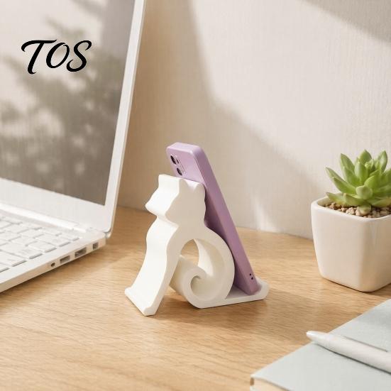 Minimalist Phone Holder Cute Cat Stand, Curled Tail Kitty Desk for Cell Black Dock Tablet, 3D Printed Universal Stand Office Bedroom, Gift Lovers