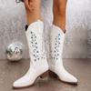 Большой размер 43 Новые вышитые ковбойские ковбойские сапоги Модные сапоги до середины икры для женщин Низкий каблук Черные Зеленые Синие Белые Туфли