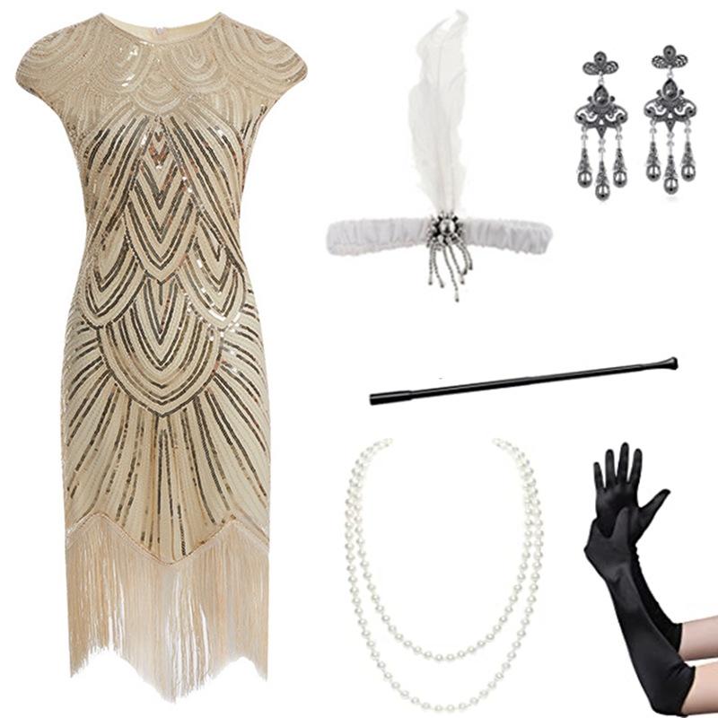 1920s Retro Sequin Flapper Dress with Tassels and Headdress Set