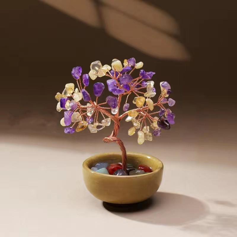 1PC Crystal Colorful Copper Wire Wrapped Natural Home Decor Fashion Tabletop Ornaments Feng Shui Trees Tea Cup Base