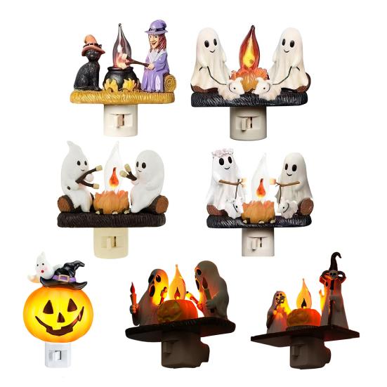 Halloween Night Light Spooky Ghost Campfire Pumpkin Boo Witch Black Cat Nightlight for Halloween Bedroom Living Room Decor